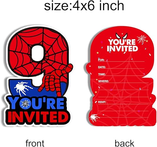 Miniatura 2 de Invitaciones de fiesta de 9 cumpleaños de superhéroe con sobres, tarjeta de invitación de nueve formas de cumpleaños de 9 años, suministros de