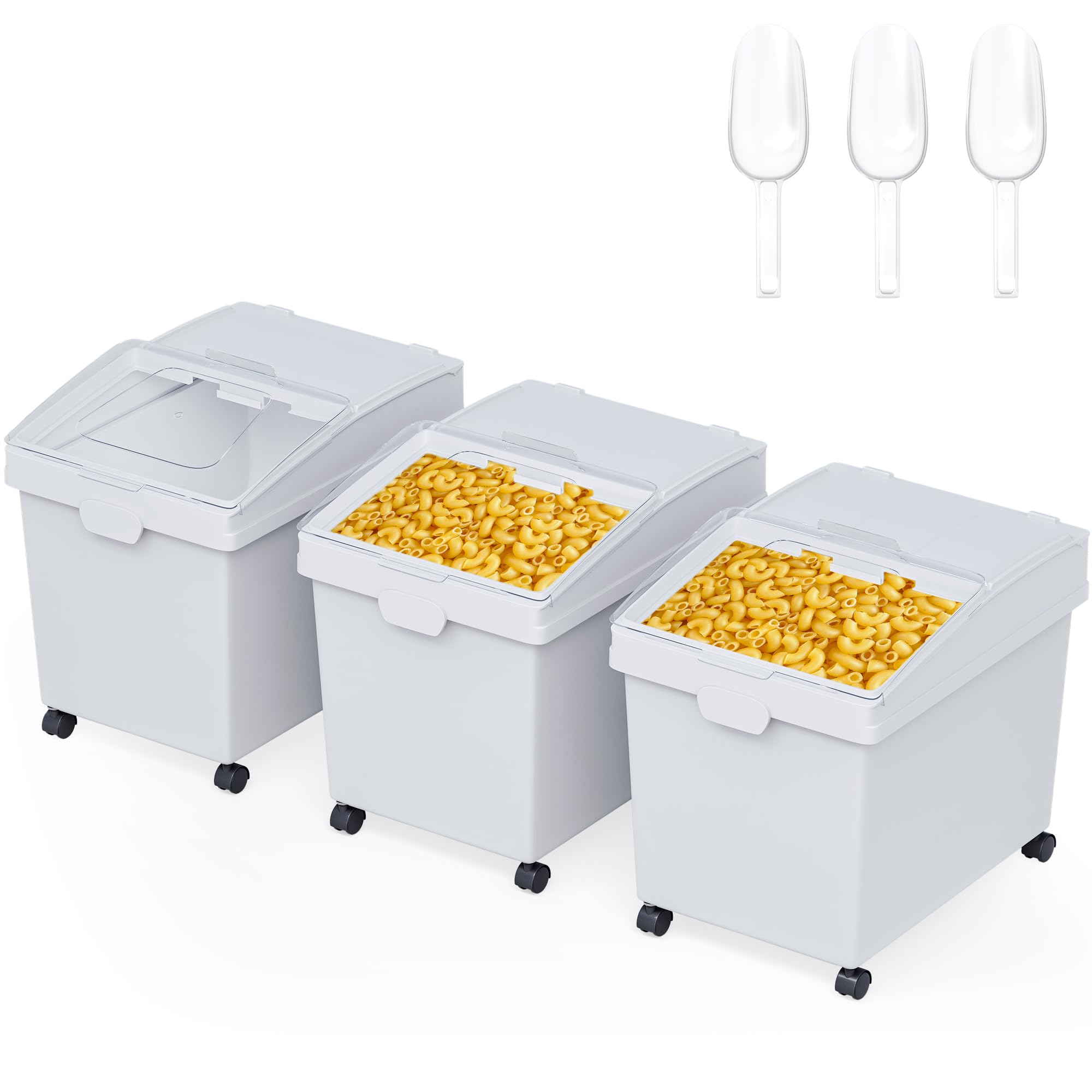 DWVO 3 Pcs Large Ingredient Storage Bins, 31.5 Gal(10.5 Gal x3 Pcs) Flour Rice Food storage Containers Bins with Wheels, Scoop and Sliding Lid for Dry Food, Flour, Cereal Grain, Sugar, White