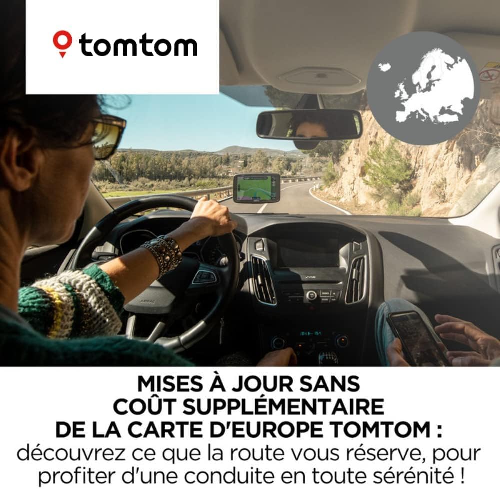 TomTom GPS Voiture GO Basic, 5 Pouces, Info Trafic, Essai des Alertes de Zones de Danger, Cartes UE, Mise à Jour via WiFi, Fixation Reversible Intégrée Noir