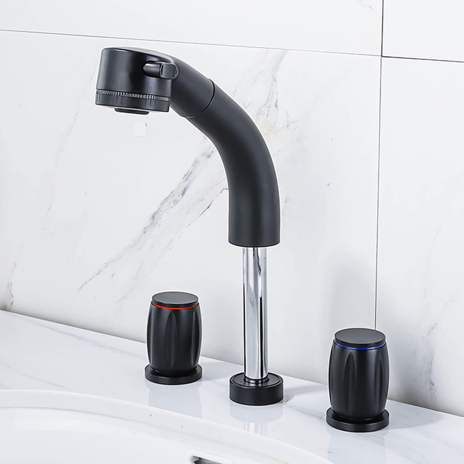 VDOQTLJT 3 Hole Basin faucets Bathroom Mixer Faucet Brass Two Handles Split Cold & Hot Water Retractable Multifunction Tap-Black(Cromo)