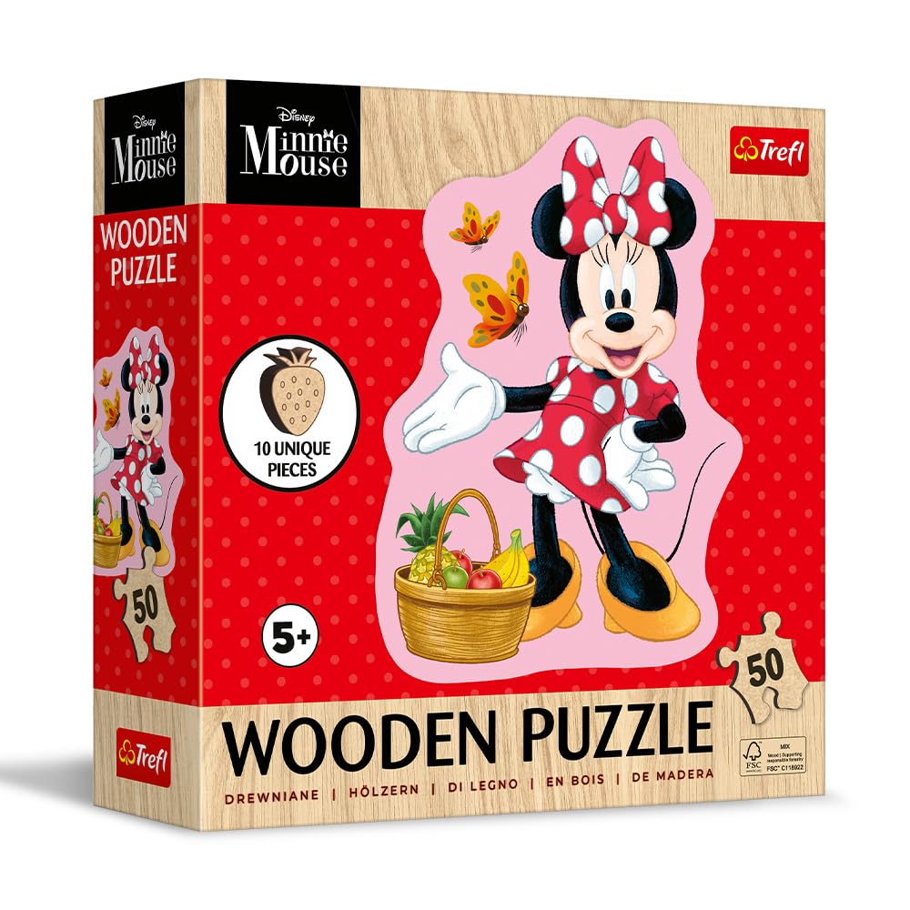 Trefl - Puzzle Drewniane: Disney Minnie, Wesoła Minnie - 50 Elementów, Kształtowa Układanka Wooden Puzzle, Nieregularne Kształty, 10 Figurek, dla Dzieci od 5 lat