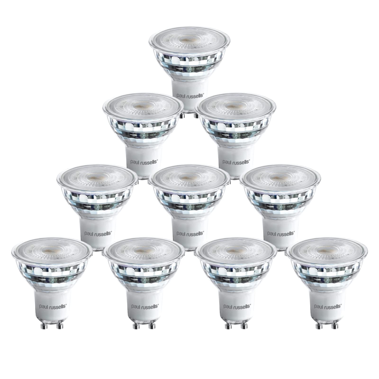 paul russells LED Glass GU10, Dimmable Fittings Spot Lightbulbs, 4.5W 345 Lumens LED Bulbs, 50w Equivalent