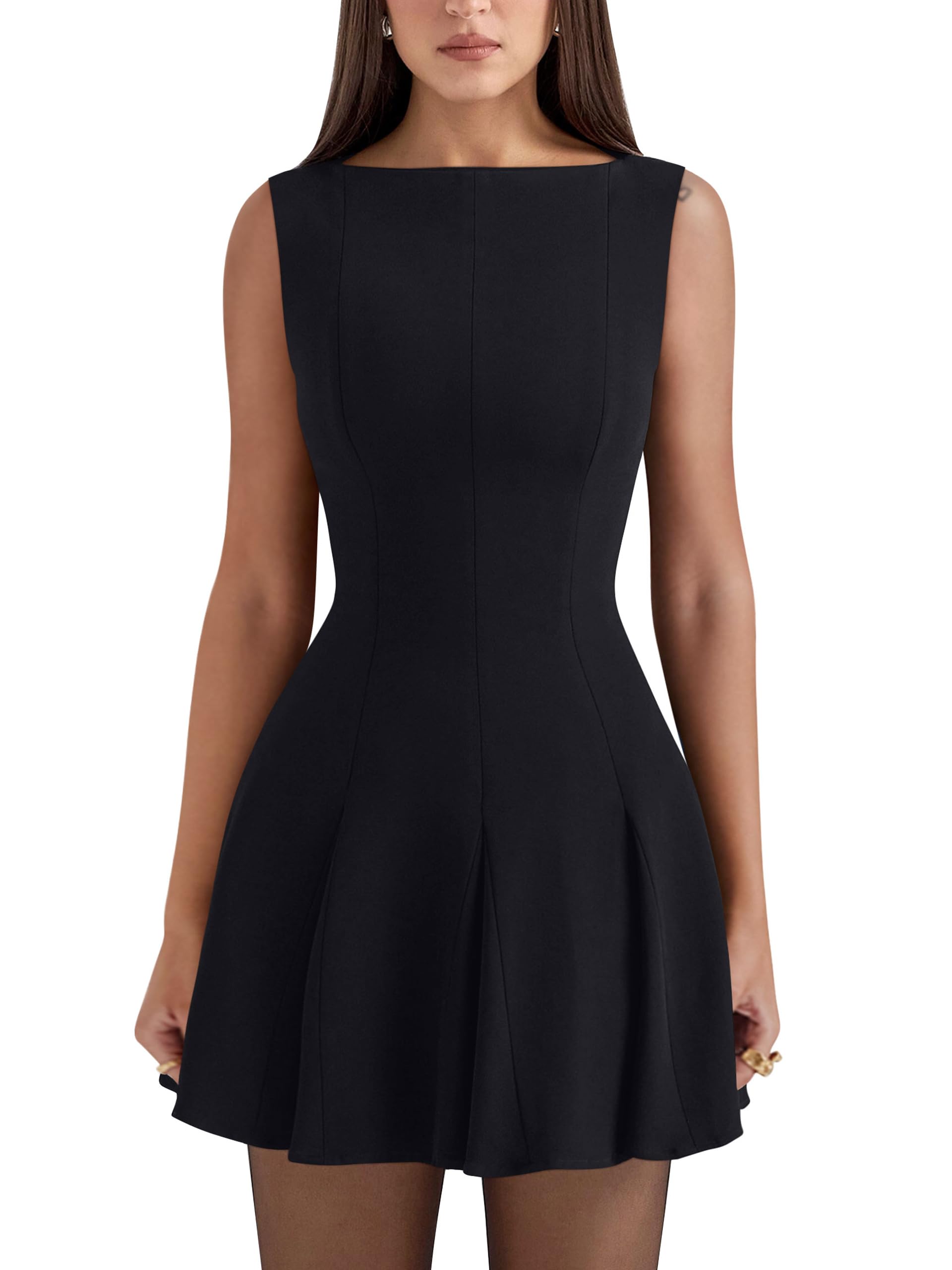 YMDUCH Womens Summer Sleeveless Boat Neck A-line Flared Hem Club Party Mini Dress