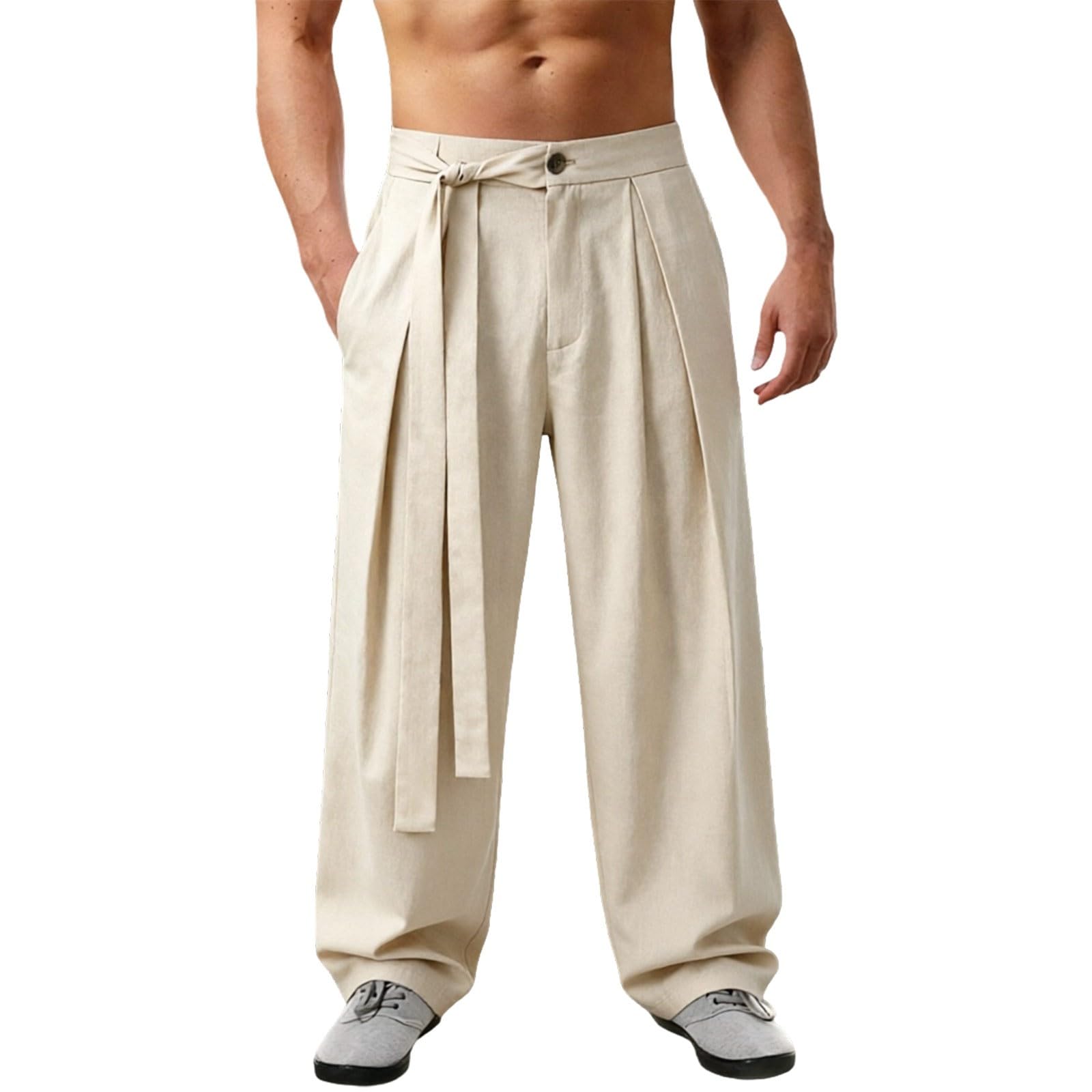 Pantalón Hombre de Lino y Algodón con Cintura EláStica y Cordón Pantalones Ligeros Ajuste Holgado Pantalón Hakama de Kung Fu de Seda de Hielo con Dobladillo Ancho Kimono Wushu Pantalones Anchos