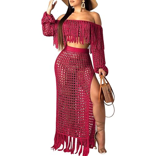 Ophestin Women Off Shoulder Long Sleeve See Through Lace Crop Top Tassel Split Two-Piece Maxi Long Skirts Dress Set
