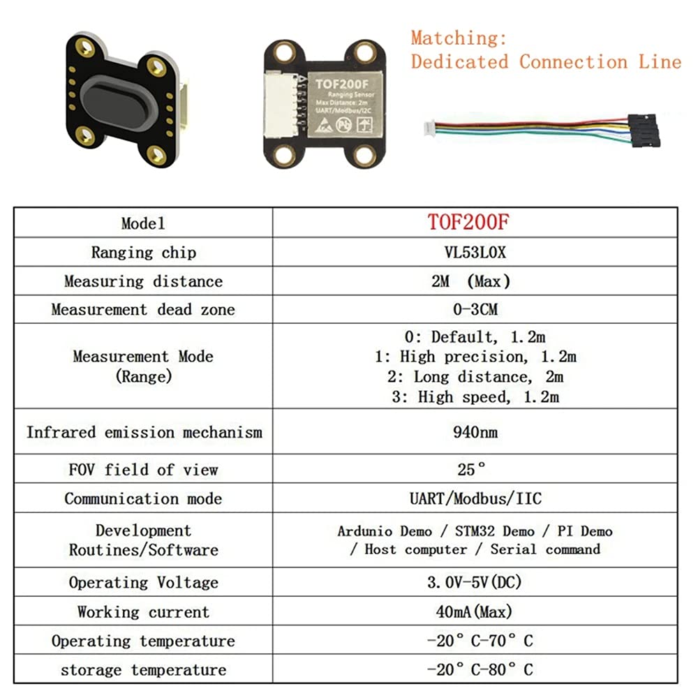 1pc Módulo sensor de distancia, 2m sensor de distancia Tof200f VL53L0X, Puerto serie UART/Modbus / I2C IIC