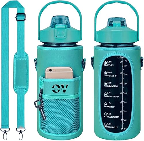 Botella de agua de 2 l carnaval Deportiva con Funda de Almacenamiento para Celulares con Marcador de Tiempo y motivacional Sin BPA- prueba de fugas