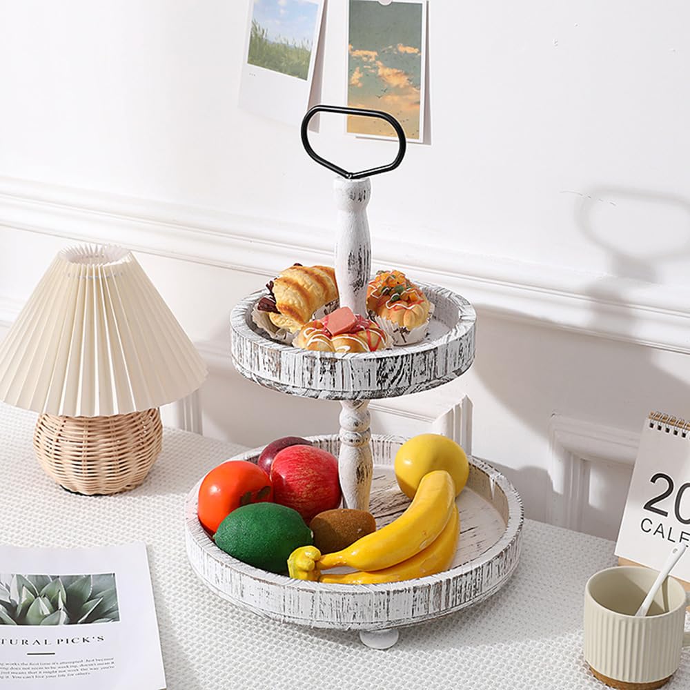 CHZIMADE Afternoon Tea Stands 2 Tiers Cake Display Wooden Cupcake Stand Food Display for Wedding Birthday Party Round White