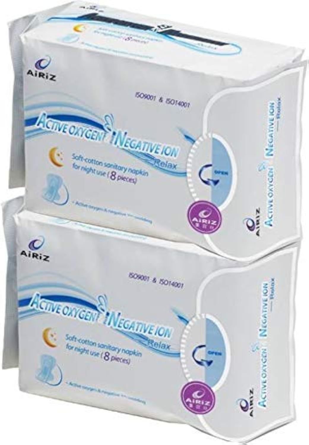 Airiz Active Oxygen and Negative Ion Soft-Cotton Sanitary Pads for Night Use (16 Pieces) - Pack of 2