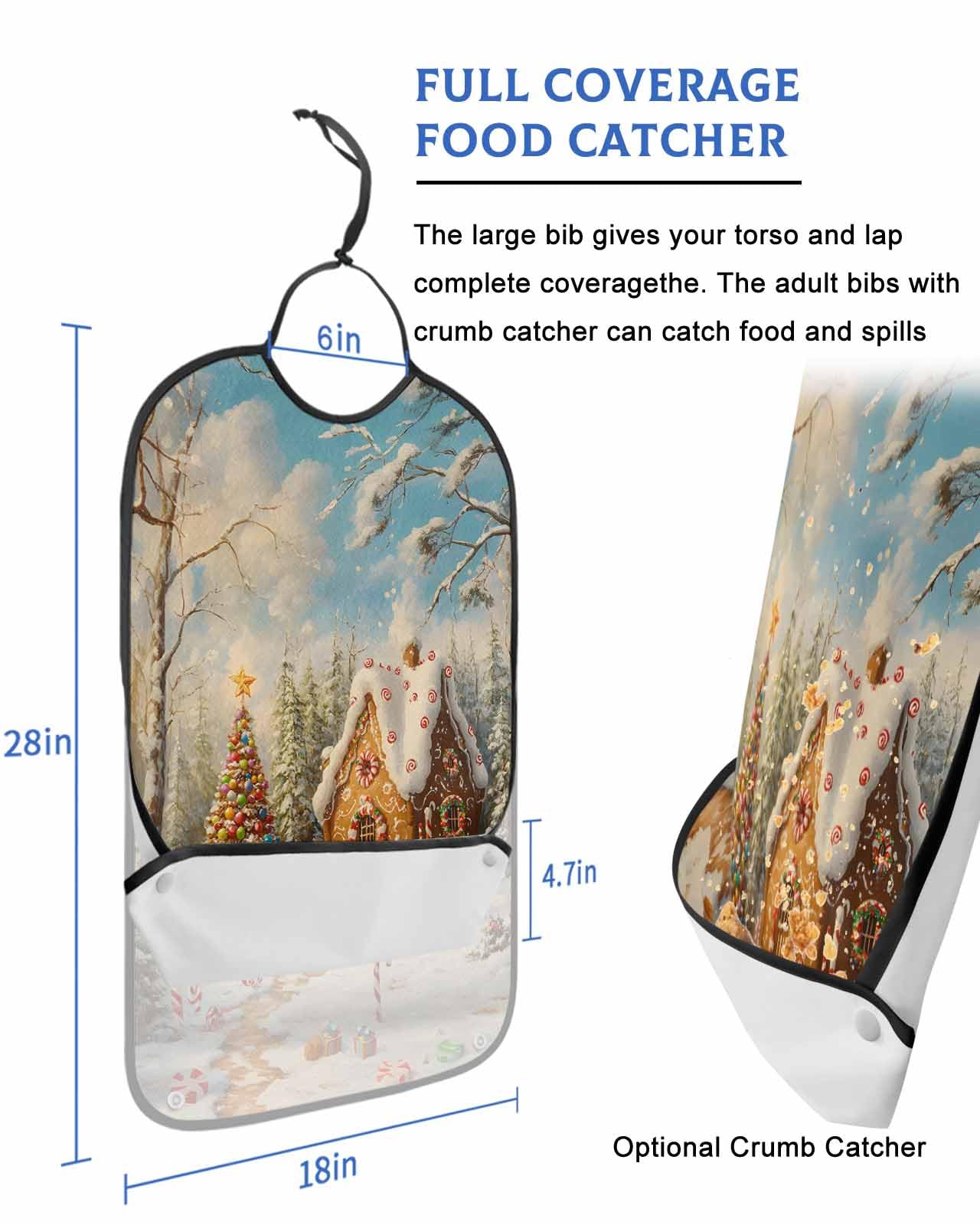 Christmas Adult Bib for Adults Men, Women, Snowy Xmas Tree Cottage House Vintage Washable & Adjustable Terry Cloth Bib with Crumb Catcher Reusable Waterproof Clothing Clothes Protector Apron