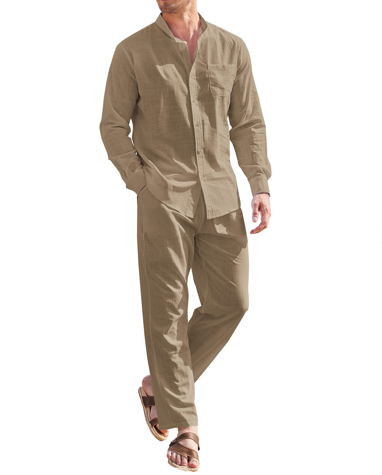 Linen Sets For Men 2 Piece Button Down Shirt Long Sleeve And Casual Beach Drawstring Waist Pants Summer Outfits