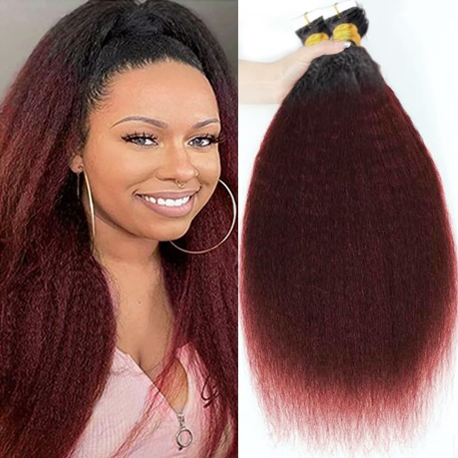 Ombre Burgundy Wine Red Kinky Straight Tape on Extensions Human Hair 1b/99j Seamless Taping In Real Human Hair Extension 50g/20pcs for Women Skin Weft Coarse Straight Tapes Ins 18 Inch