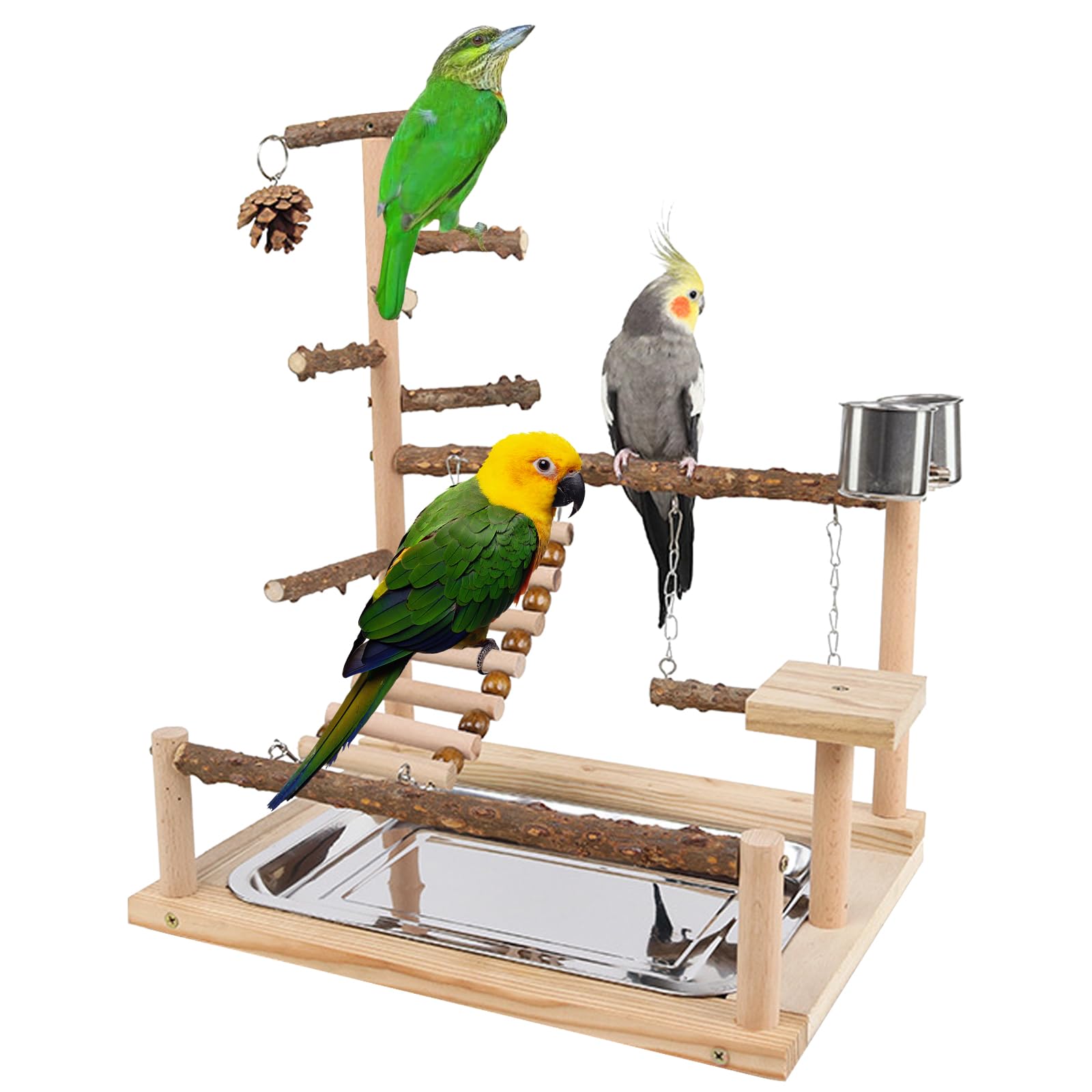 Parco Giochi per Pappagalli in Legno con Tazze e Vassoio, Trespolo per Uccelli, 37 x 26 x 37 cm
