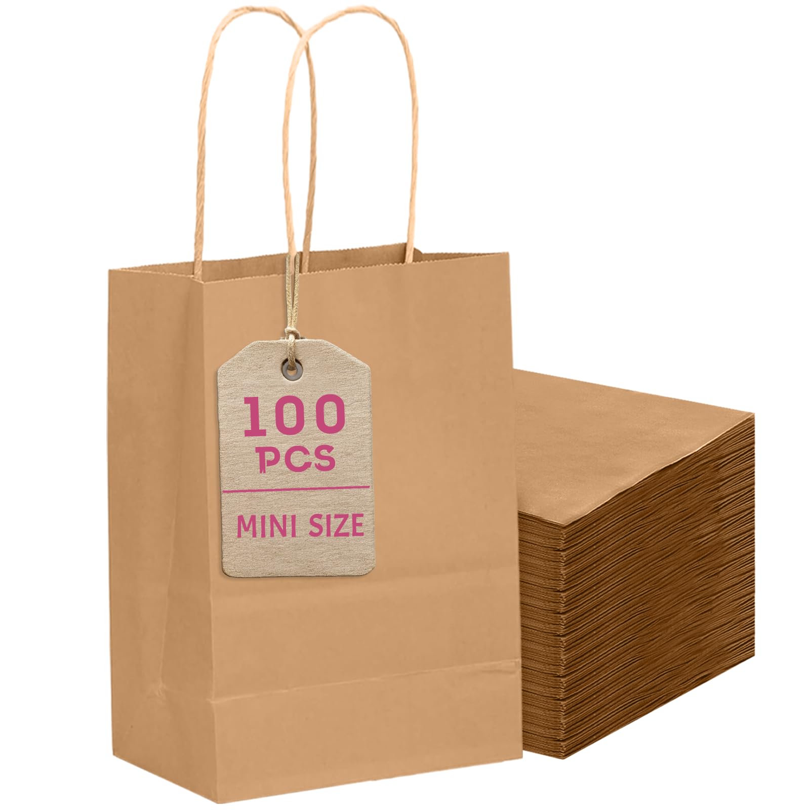 Bakepacker 100 Pcs Brown Mini Paper Gift Bags with Handles 6"x4.5"x2.5" Kraft Party Favor Bags Multiple Uses (Mini size)