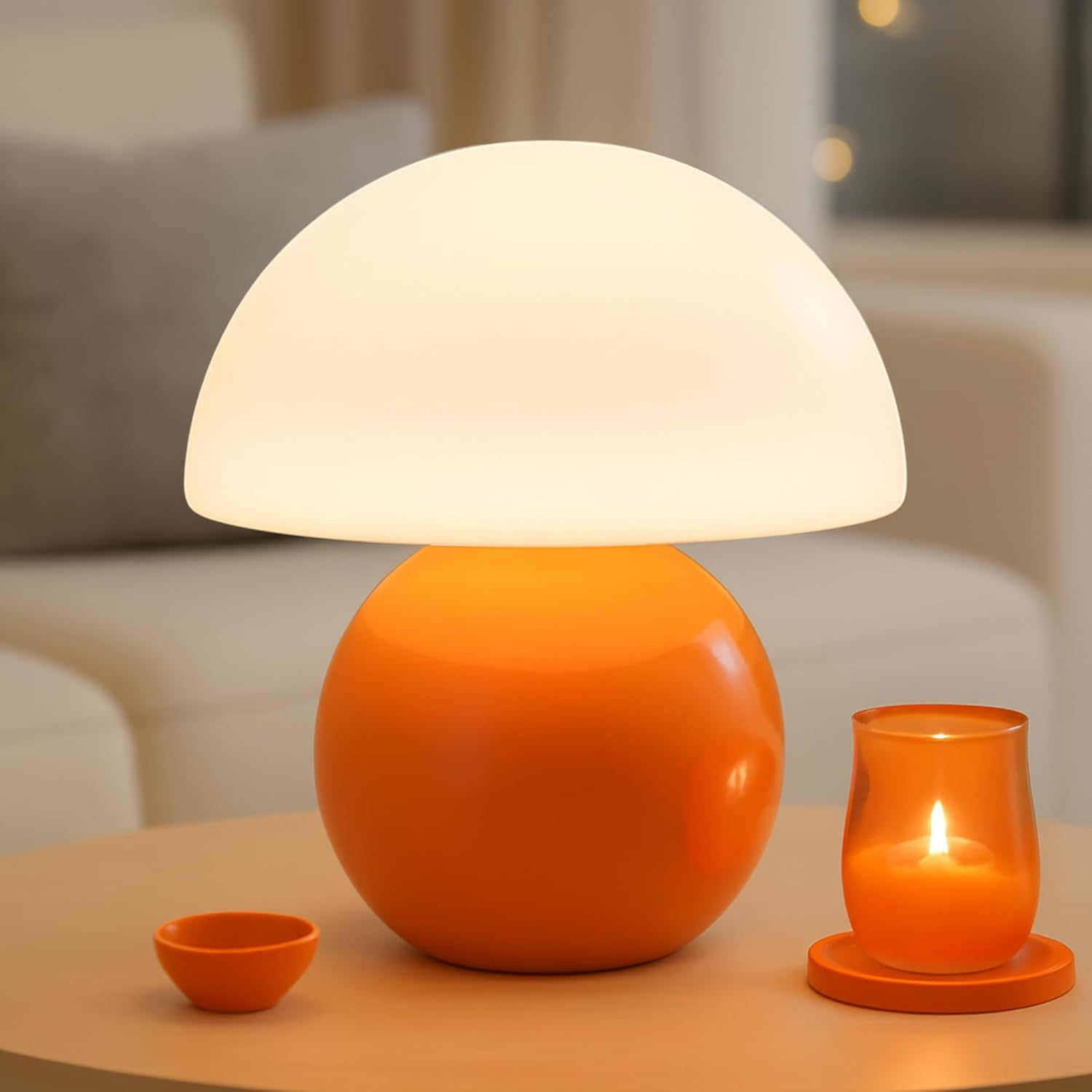Small Mushroom Lamp,USB-Plug in Bedside Table Lamps with 3-Temperature LED Bulb Dimmable,Unique Cute Aesthetic Home Decor for Living Room,Bedroom, Modern Ceramic Base Glass Lamp(Orange)