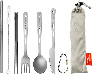 TiTo Titanium Cutlery Set Spoon Spork Knife Chopsticks Portable Lightweight Outdoor Flatware Extra Strong 3/4/5 Piece Straw for Home Use/Travel/Camping/Picnic/Hiking Tableware (5-Piece Cutlery Set)