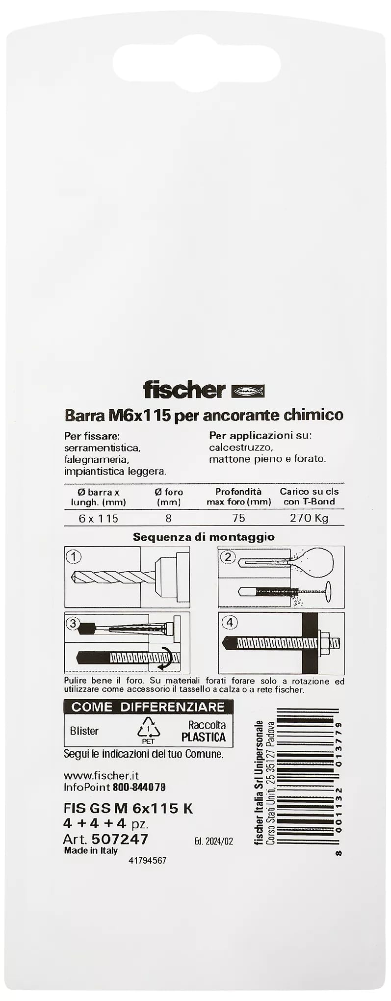Fischer Barre Filettate M6 x 110 con Dado e Rondella FIS GS per Ancorante Chimico, 4 Pezzi