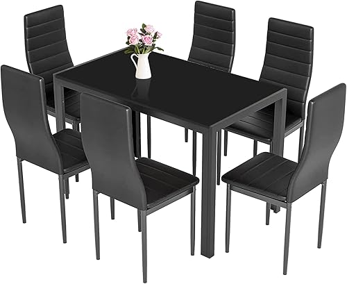 AOOU Juego de mesa de cocina de 57 piezas moderno juego de mesa de comedor con mesa de cristal y sillas tapizadas de cuero 46 para comedor cocina