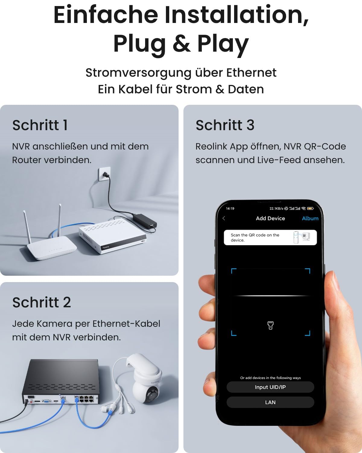 Reolink 4K PoE Überwachungskamera Set Aussen, 355° Schwenken, 50° Neigen, Auto-Tracking, Person-/Fahrzeug-/Tiererkennung, mit 2TB HDD, 24/7 Aufzeichnung, 8-Kanal NVR, für Outdoor & Innen, RLK8-800PT4