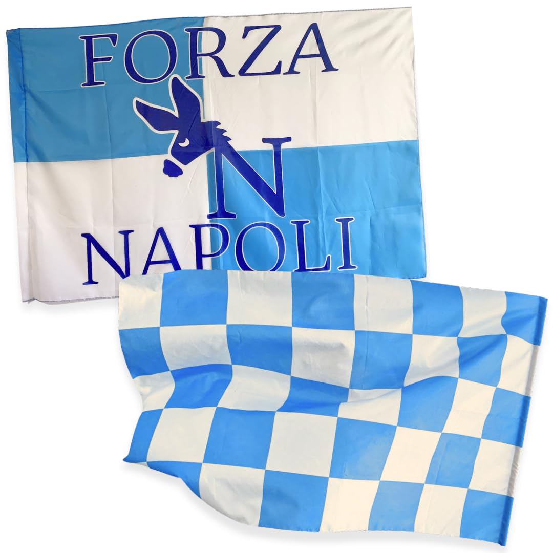 NARAMAKI® Napoli Bandiere 90x150cm - 1 Bandiera "Forza Napoli" + 1 Bandiera a Scacchi Bianchi e Azzurri - 100% Poliestere - Made in Italy - Campionato di Calcio 2025