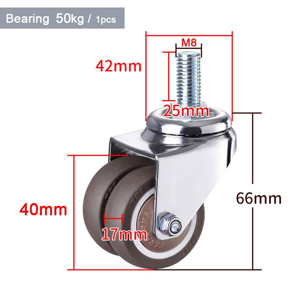 Ruote girevoli con Perno Girevole a Doppia Ruota da 40 mm (4 Pezzi), bullone | M8x25 mm | 50 kg, Ruote girevoli di Ricambio in Gomma TPE per sedie da Ufficio, Ruote girevoli per carrelli per