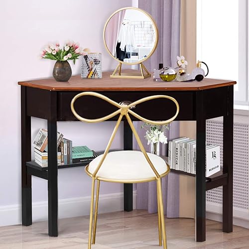 Miniatura 6 de RELAX4LIFE Escritorio esquinero para computadora triangular con cajón y estantes, mesa estable para computadora portátil, escritorio para oficina en