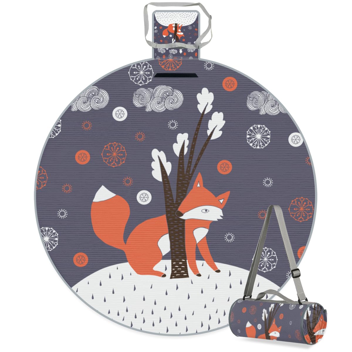 Shimoshe Christmas Fox Picnic Outdoor Blanket Foldable Waterproof Sandproof Beach Blanket Portable Water-Resistant Round Picnic Mat for Travel Camping Park Lawn