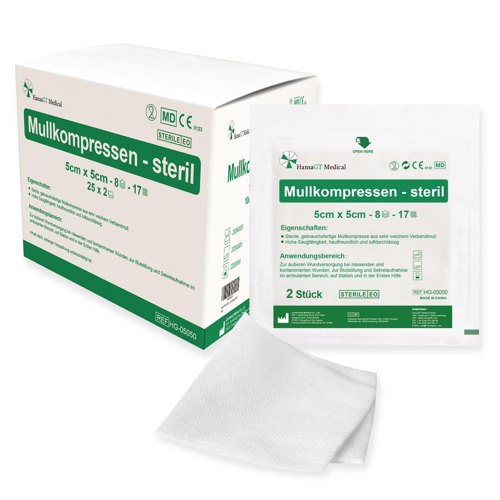 HansaGT Medical Kompressen Sterile 5x5cm 50 Stück Wundkompressen STERIL 8 Lagen Wundauflage Verbandsmaterial Mullkompressen Wundgaze Kompresse zur Wundversorgung Blutabsorbtion und Sekretaufnahme