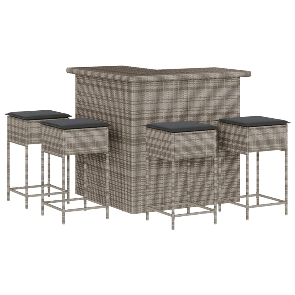 vidaXL Juego de Bar de jardín de 5 Piezas con Cojines ratán PE Gris, Mesa Alta y taburetes de Exterior, Juego de Bar, Juego de Muebles