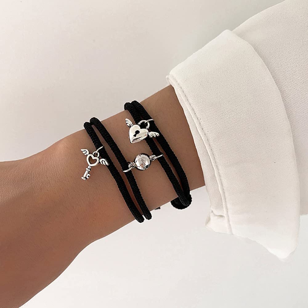 Armband, modische Dekorationsarmbänder, geflochtene Freundschaftsarmbänder, handgefertigtes Freundschaftsarmband, 2 Stück, Paare, Magnet-Charme, Herz, Schlüsselschloss, Sonne, Paracord, Modeschmuck, A