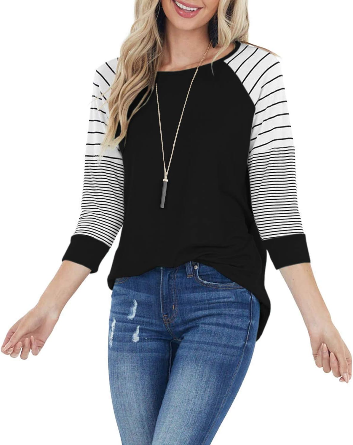 ReachMe Women's Casual 3/4 Sleeve T Shirts Crewneck Striped Raglan Sleeve Tee Shirts Loose Fit Blouses - Image 3