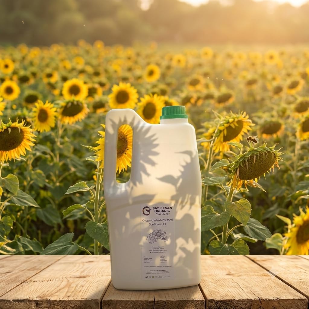 Satjeevan Organic Wood-Pressed Sunflower Oil 5000ml | NPOP Certified, Cold-Pressed | Traditional Wooden Ghani Method 1