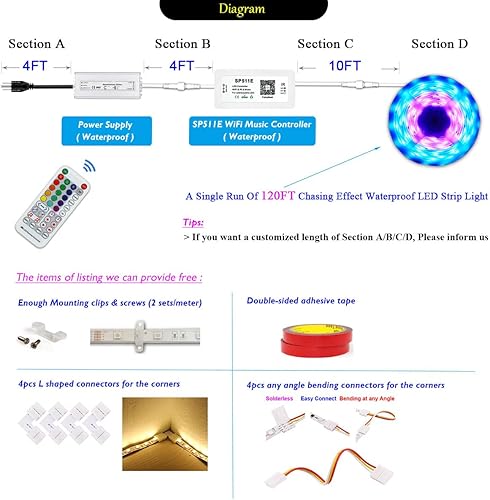 Miniatura 8 de Kit de tira de luces LED RGB direccionables con efecto de persecución de 25 pies para exteriores, impermeable, 12 V, WS2811, con controlador de