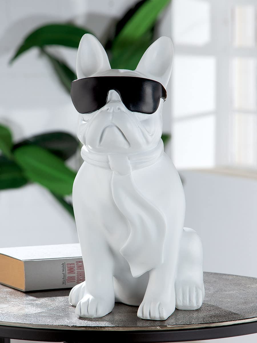Casablanca Figur Skulptur Hund - Mops sitzend - weiß mit schwarzer Brille - Breite 29 cm