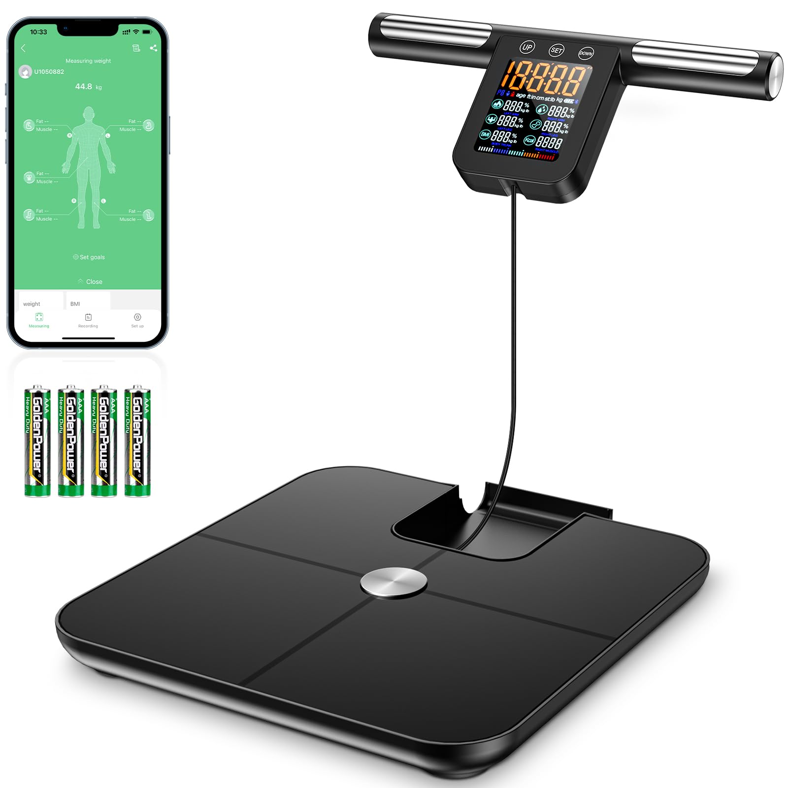 Bilancia Pesapersone Digitale Professionale 8 Elettrodi, Bilancia di Precisione Con Display LCD ad Alta Definizione e Maniglia Retrattile, Con APP Puoi Misurare 32 Metriche Corporee