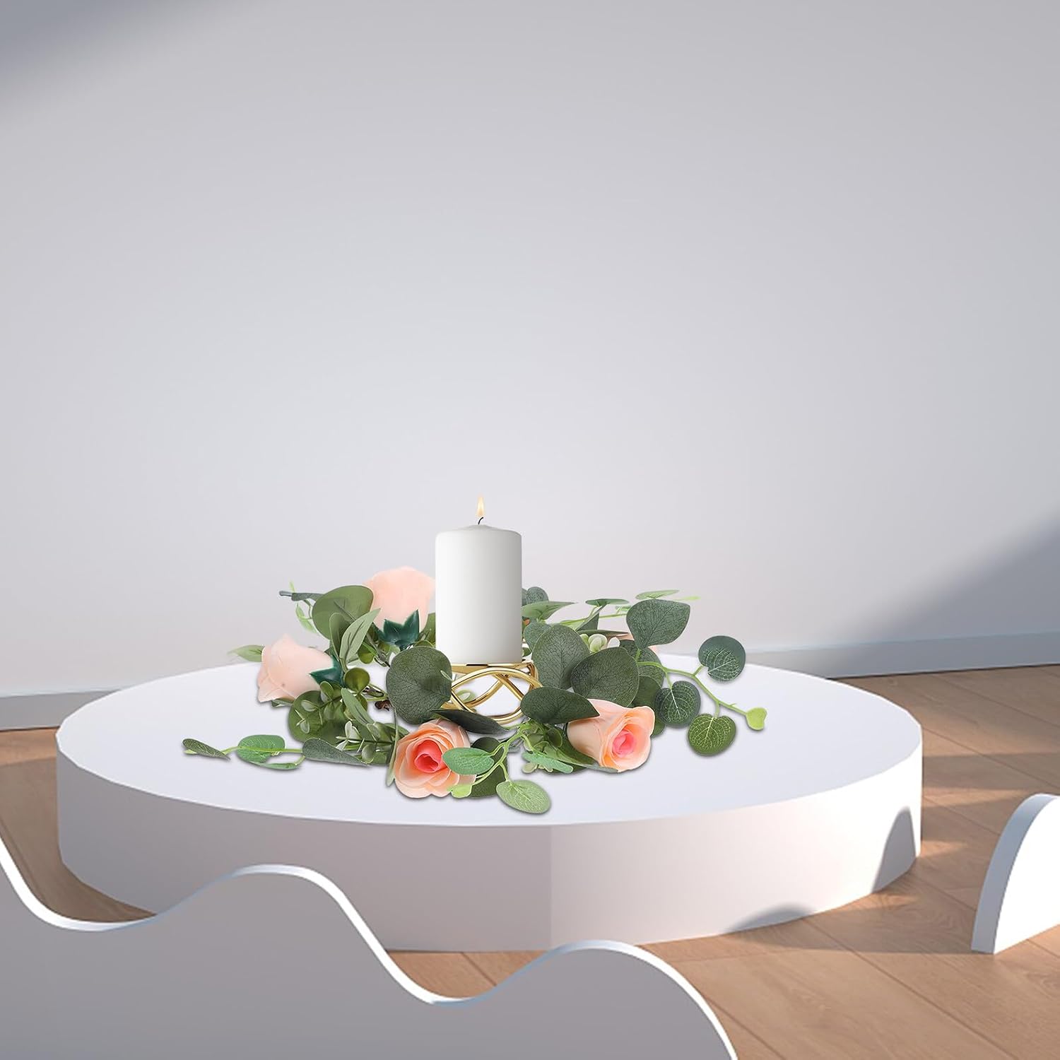 Artificial Rose Candle Ring Wreath Silk Flower Garland for Wedding Table Centerpiece Home Decor Festival Pendant Candle Wreath with Bright Colored Non-wilting Design
