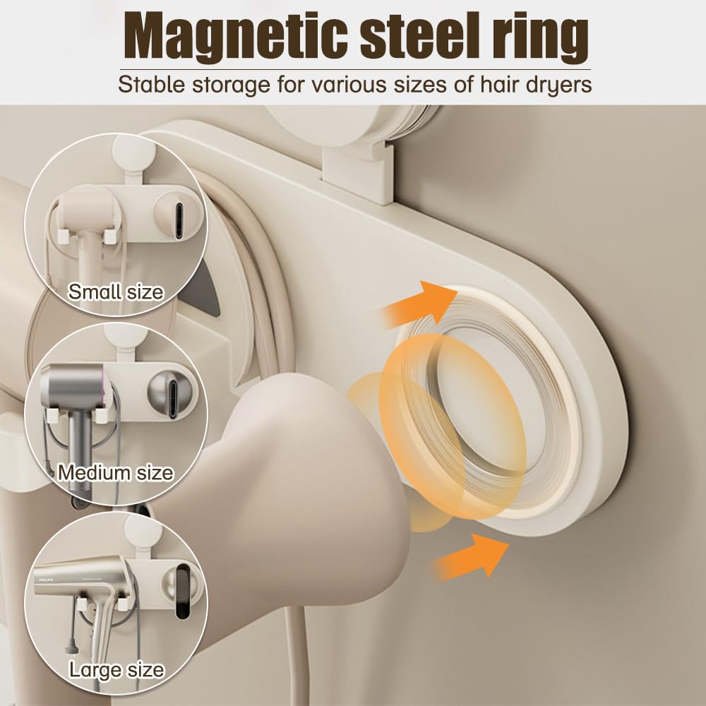 DONGKER Porta Asciugacapelli da Parete, Supporto per Asciugacapelli Magnetico da Bagno, Porta Phon con Ventosa e Funzione di Archiviazione Nascosta del Cavo per Spogliatoi, Barbieri, Camere da Letto