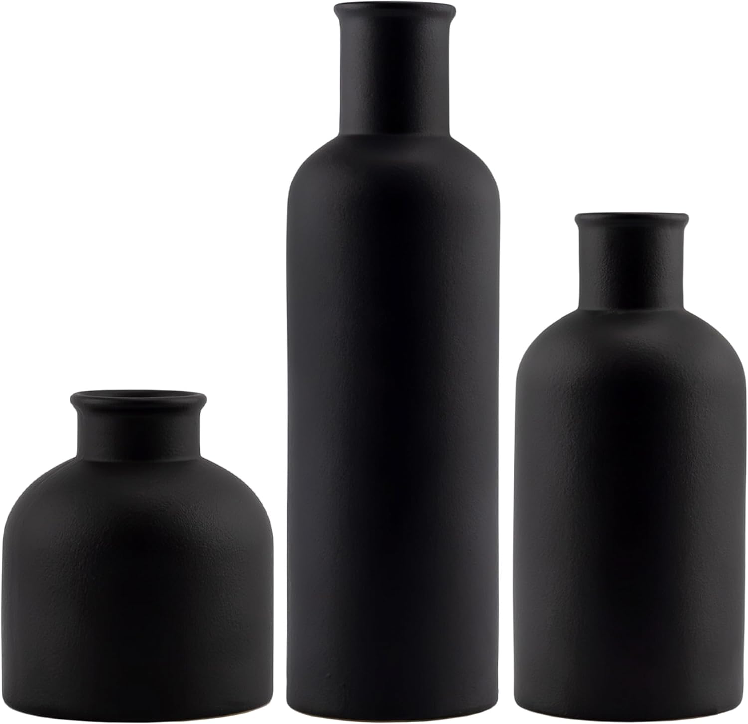 AuldHome Design Black Ceramic Vases (Set of 3); Matte Black Decorative Pottery Vases