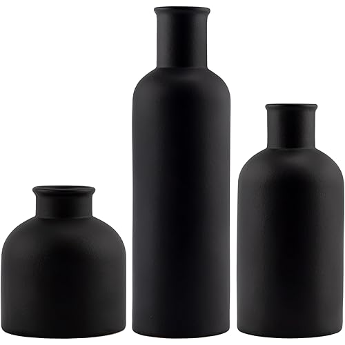 AuldHome Design Black Ceramic Vases (Set of 3); Matte Black Decorative Pottery Vases