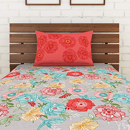Image of Spaces Atrium Plus 210 TC 100% Cotton Single Bedsheet with 1 Pillow Cover (Floral, 60 inch X 88 inch Inches) - Grey