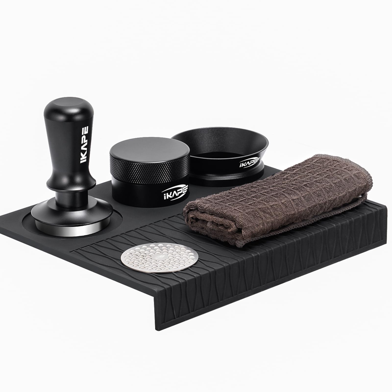 Photo 1 of IKAPE 58MM Coffee Tamper Set Black 6 IN 1, Espresso Tool Kit for Making Perfect Shots – Tamper, Distributor, Funnel, Mat, Screen, and Towel