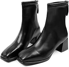 Minax Women's Short Boots, Thick Heels, Easy to Walk, Water Repellent, Lightweight, Beautiful Legs, Square Toe, Stitch Design, Stretch, Soft, Back Zip, Black, White, Brown, 8.9 - 9.8 inches (22.5 -