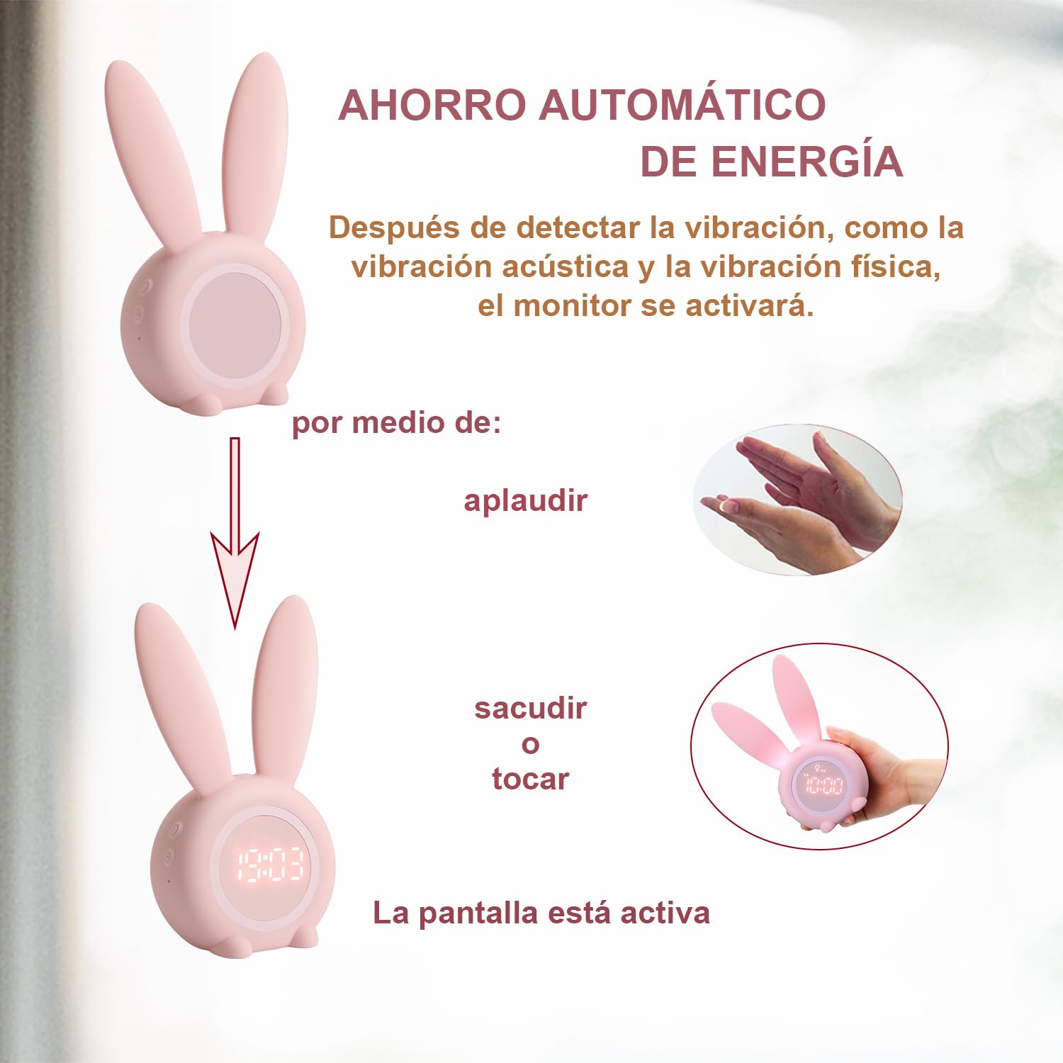 Reloj Despertador conejo Rabbit Clock, Conejito Lindo Dormitorio de Noche con lámpara de luz Nocturna + 6 música Interesante + Función de Cuenta Regresiva, Despertador infantil niña Estudiantes Rosa