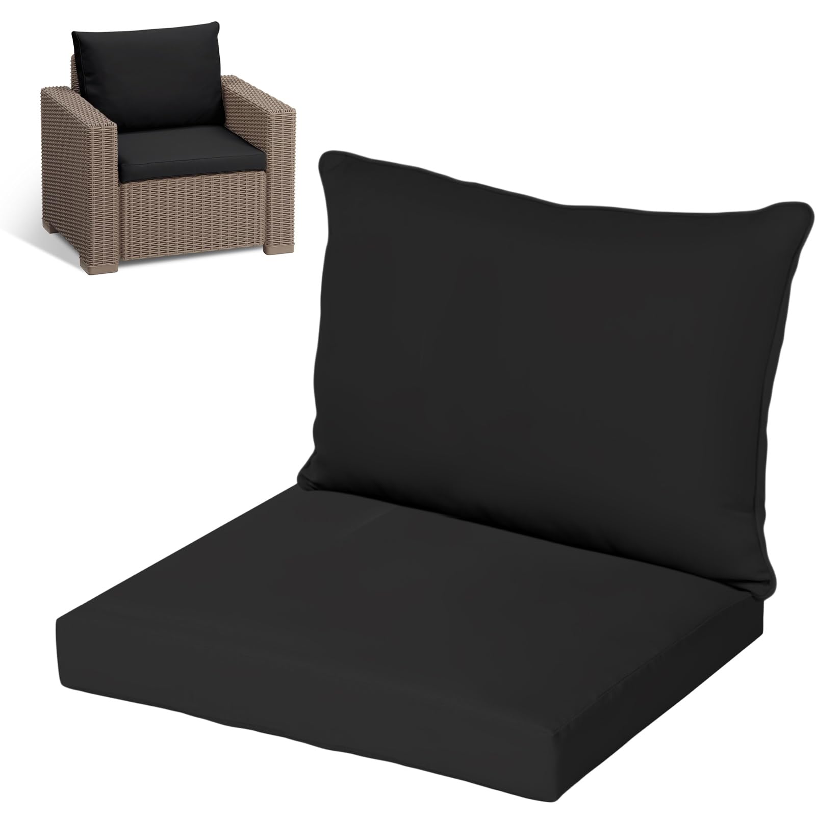 KISAA Living Replacement Rattan Cushion Seat Pads, 2-Piece Armchair Set (1 Seat Pad, 1 Back Cushion), Water Resistant Outdoor Patio Garden Furniture Seating (Black, For Armchair)