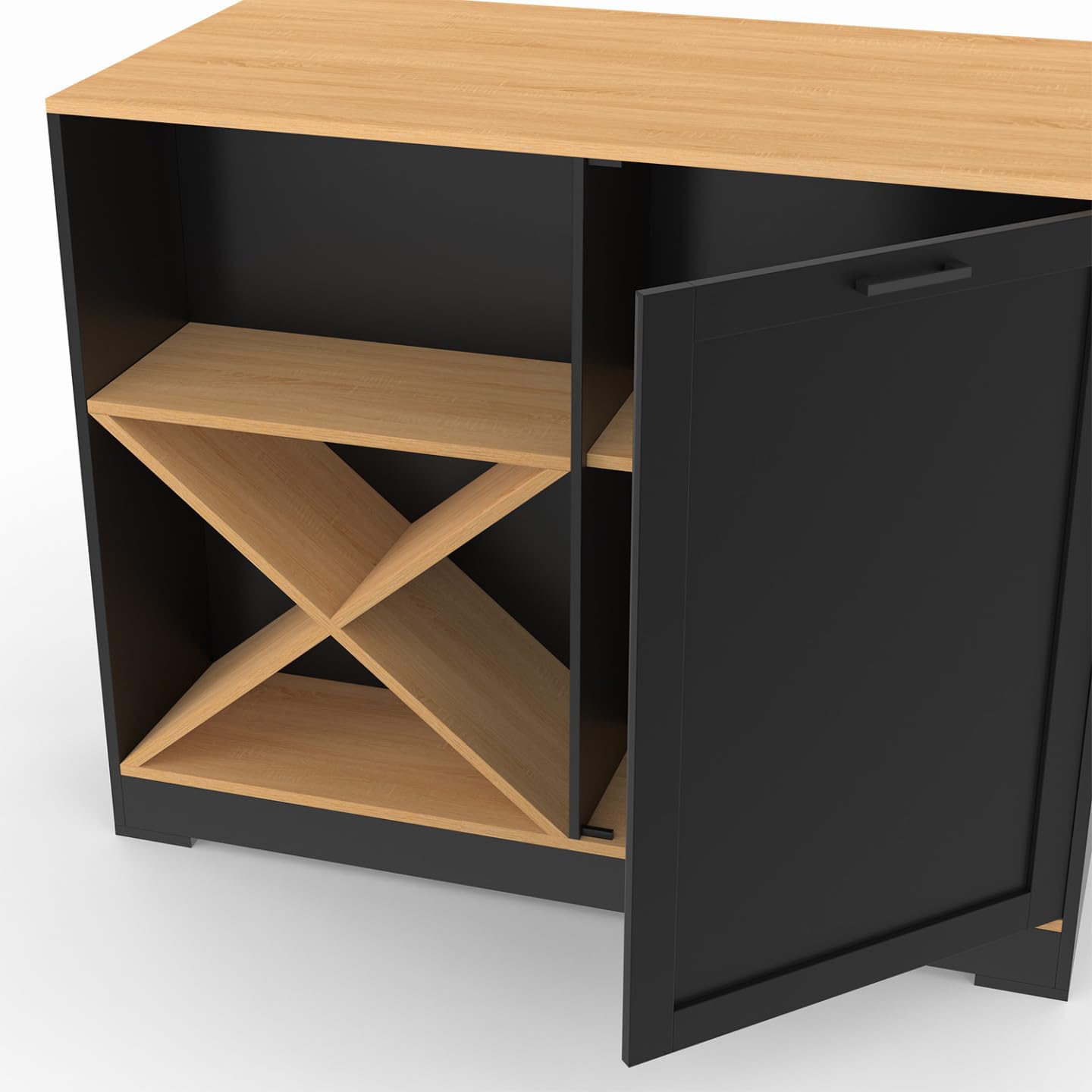 IDMarket - Table de Bar îlot VITO 113 cm avec Range Bouteilles Bois Noir et Plateau façon hêtre