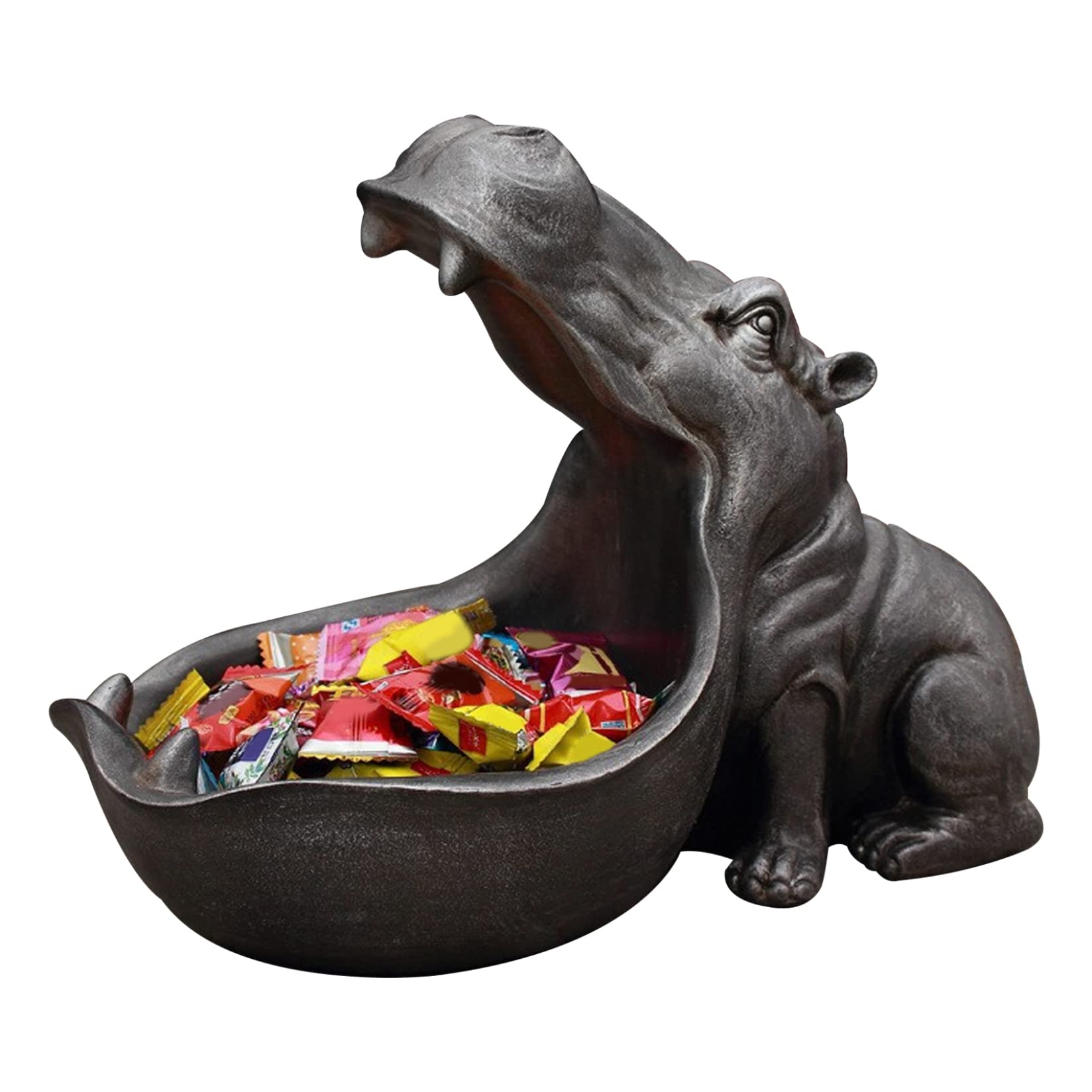 Wedhapy Hippo Ornament Big Mouth Hippo Key Bowl Resin Hippopotamus Ornament Key Holder Dish Organizer Home Decor for Coin Jewelry Desktop Storage Silver