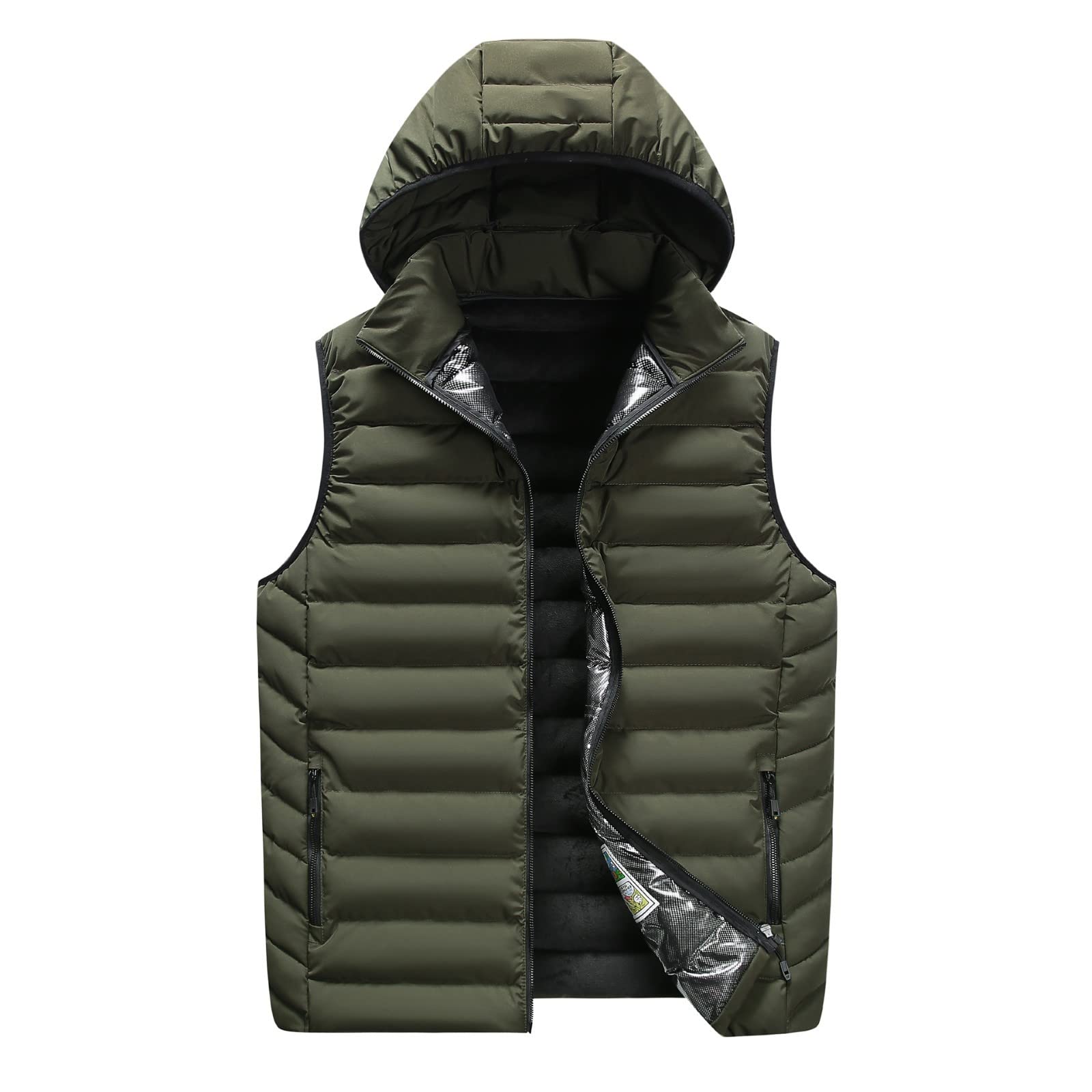 Gepolsterte Weste für Herren: gesteppte, gepolsterte Weste, ärmellose Jacke für Herren, Winter, Baumwolle, lässig, warm, Reißverschluss, Kapuze, ärmellose Weste, Jacke, Stehkragen, Taschen,