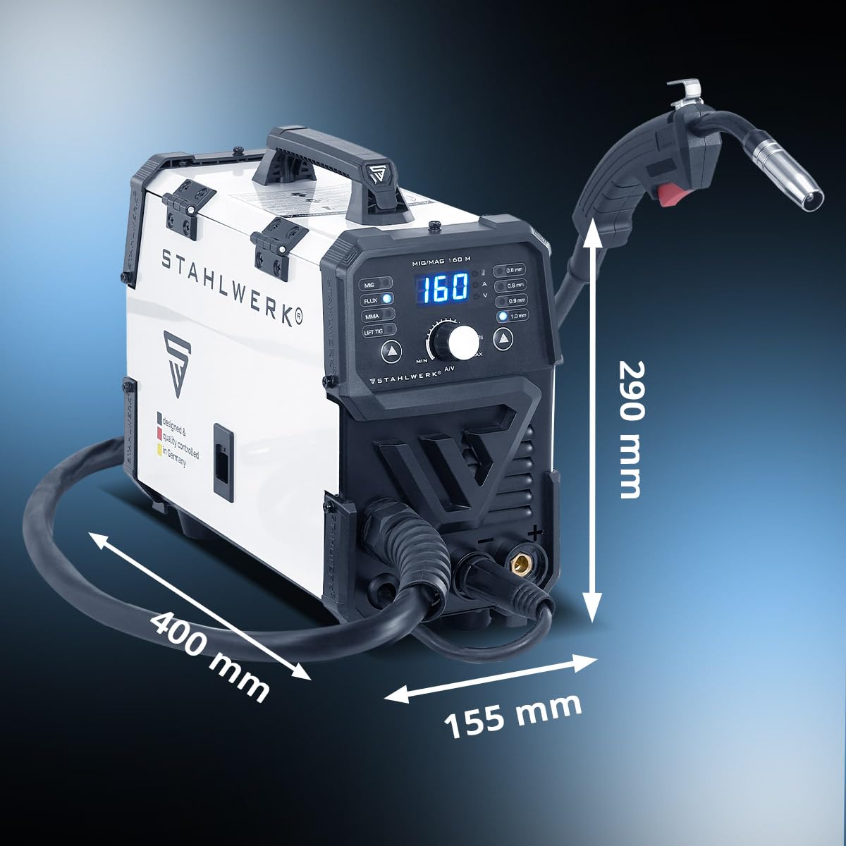 STAHLWERK Schutzgasschweißgerät MIG/MAG 160 M – Vollausstattung – kompakter 5-in-1-Kombi-Inverter mit 160 A für MIG/MAG, FLUX (Fülldrahtschweißen), MMA/E-Hand (ARC) & Lift-TIG (DC), 6,8 kg, Hotstart