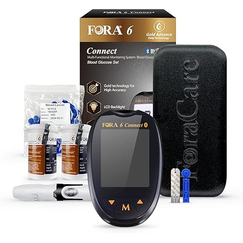FORA 6 Connect Blood Glucose Set with 1 Meter, 50 Test Strips, 50 Lancets, Painless Design Lancing Device, Carry Case, Accurate Blood Sugar Measurement for Diabetes