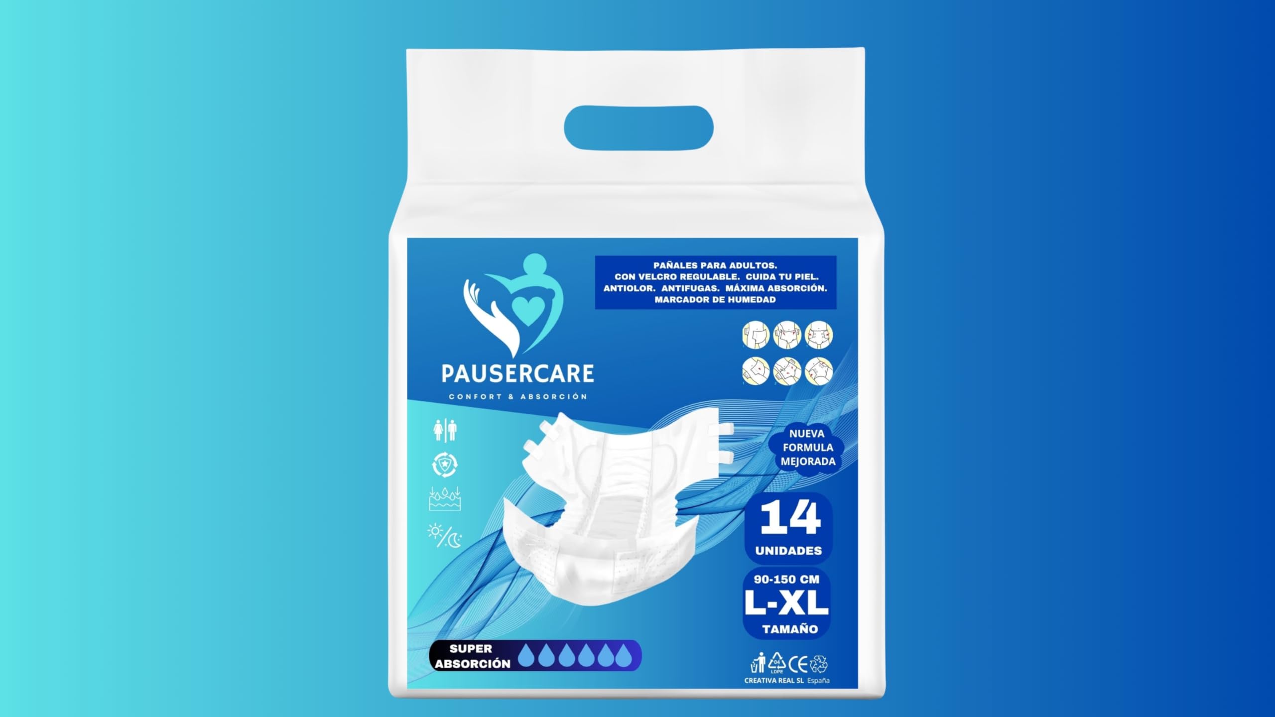 PAUSERCARE Pañales Adulto Unisex | Super Absorbentes Para Incontinencia | Hombres & Mujeres | 14 Unidades Desechables | Máxima Absorción Día y Noche (TALLA L-XL)